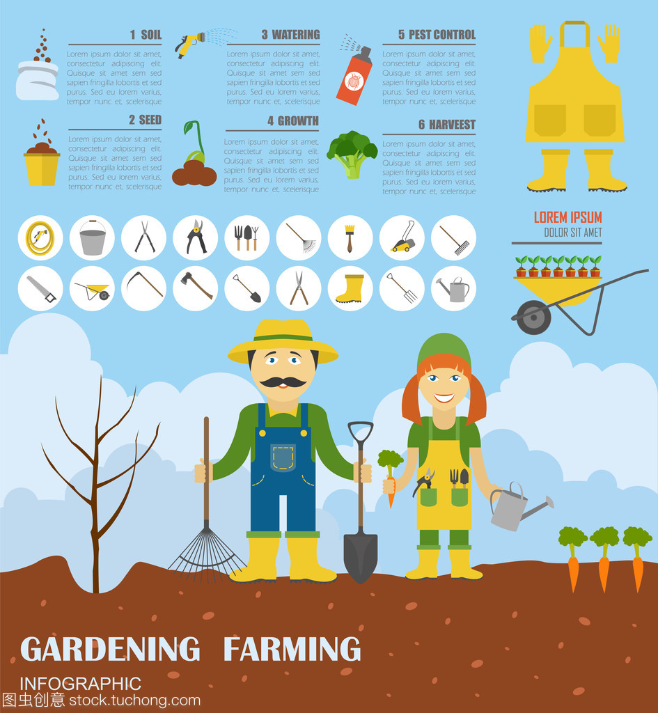 园艺工作,农业信息图表。图形模板。平板式服务